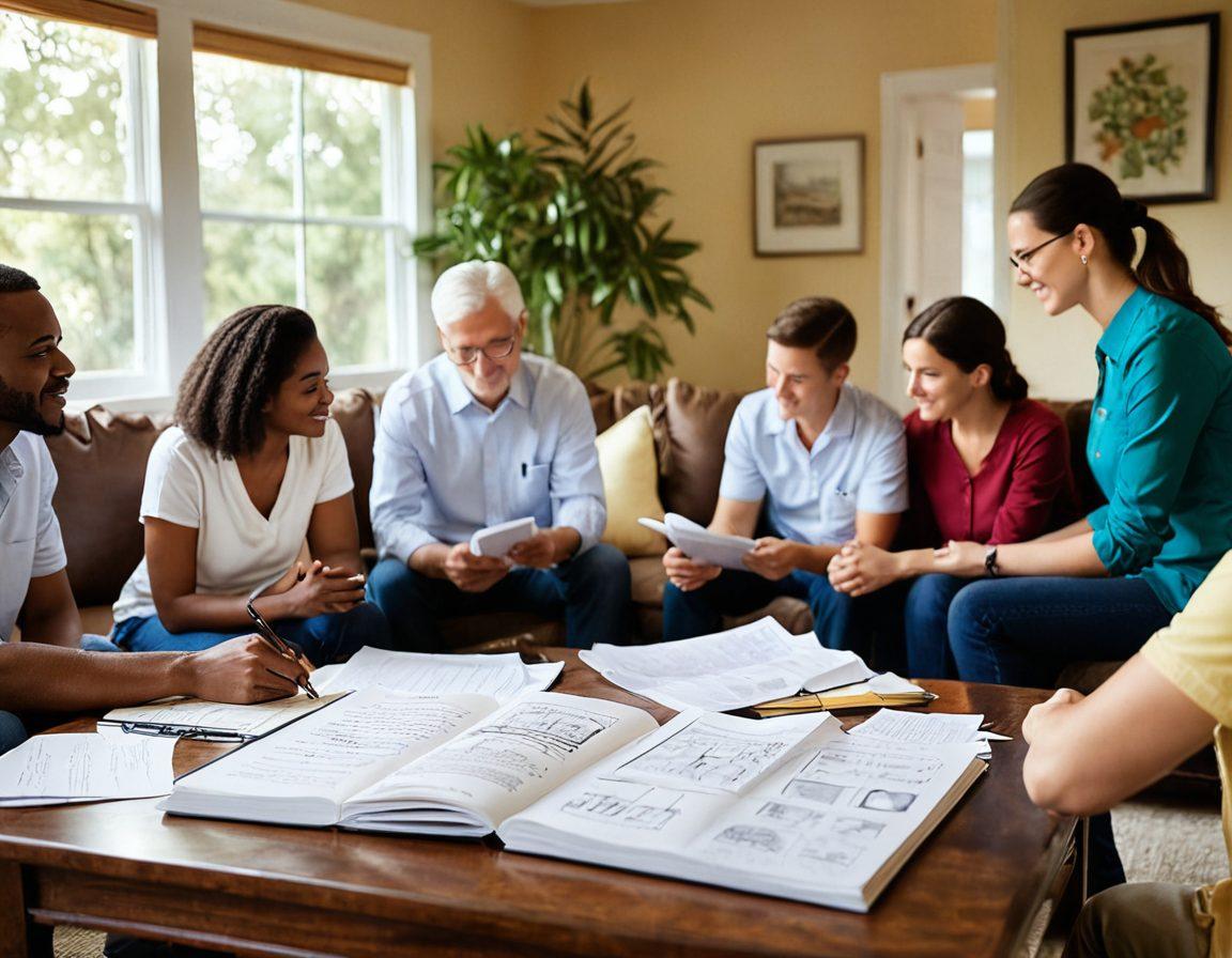 An open book with detailed diagrams and notes about insurance rights, surrounded by family members discussing their coverage options. The background displays a serene home environment with a soft light coming through a window, symbolizing support and guidance during medical leave. Include icons representing different insurance policies and family health, emphasizing unity and empowerment. vibrant colors. soft focus.