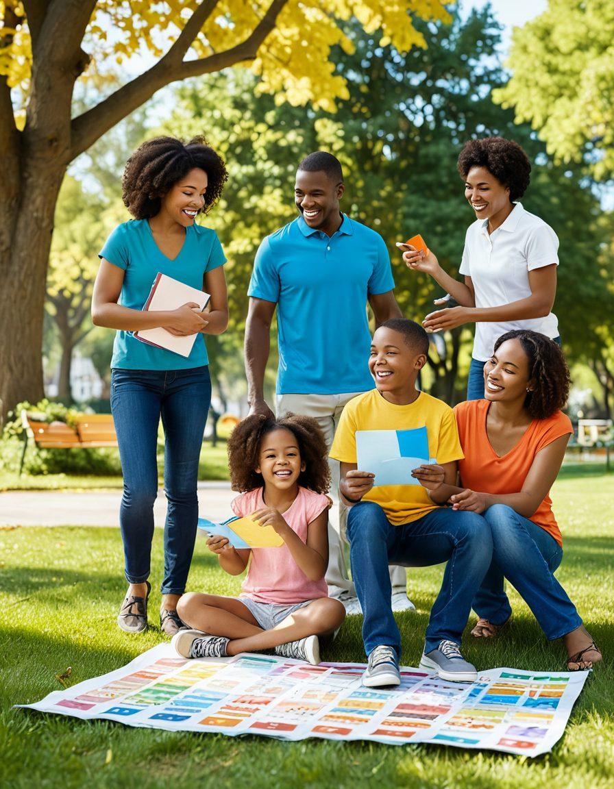 An inviting family scene showing a diverse group of parents enjoying time with their children in a park, surrounded by symbolic elements representing family leave policies like calendars and briefcases. Include visual icons of various insurance options subtly in the background, like shields and documents, creating an atmosphere of security and support. The setting should be sunny and warm, reflecting hope and unity. super-realistic. vibrant colors.