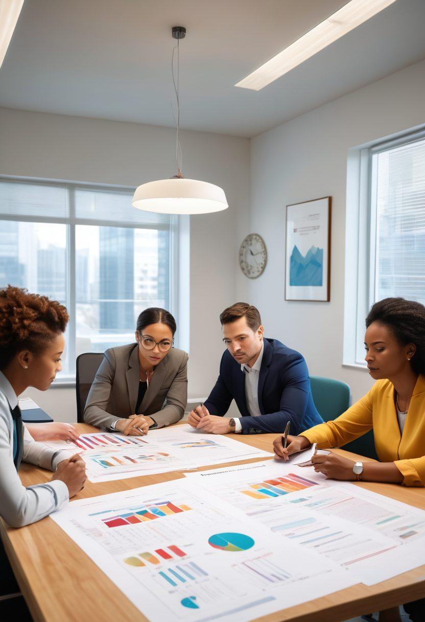 A detailed illustration of a diverse group of employees coming together to review health insurance documents in a collaborative office environment. Include elements like charts showing employee benefits, a calendar marking important FMLA dates, and a locked briefcase symbolizing security. Emphasize a sense of teamwork and protection. super-realistic. vibrant colors. 3D.